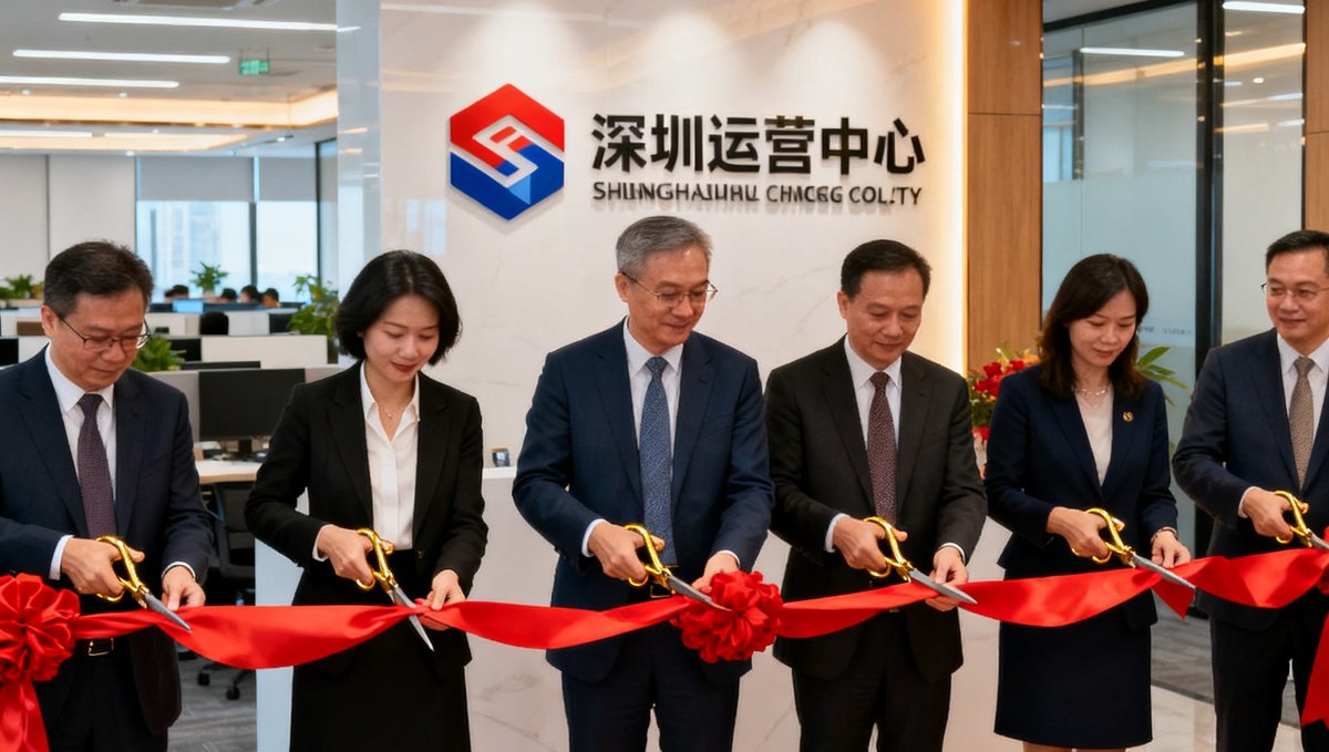 公海贵宾会官网博客配图：深圳运营中心开业剪彩仪式，几位穿着正装的管理层手持金色剪刀站在红色绸带前，背景是崭新的办公空间和公司标识墙。