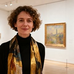 一位留着短卷发、穿着黑色高领衫和艺术感围巾的法国女性半身肖像，背景为美术馆白色展厅和一幅印象派画作，表情温和而知性。